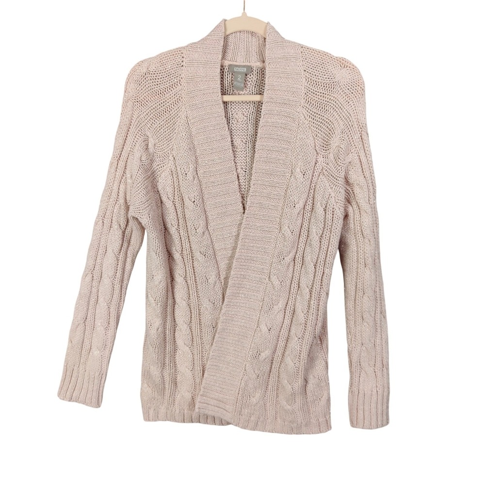 Chicos Womens Coquette Shabby Chic Cable Knit Cardigan Sweater 2 L Pink Metallic